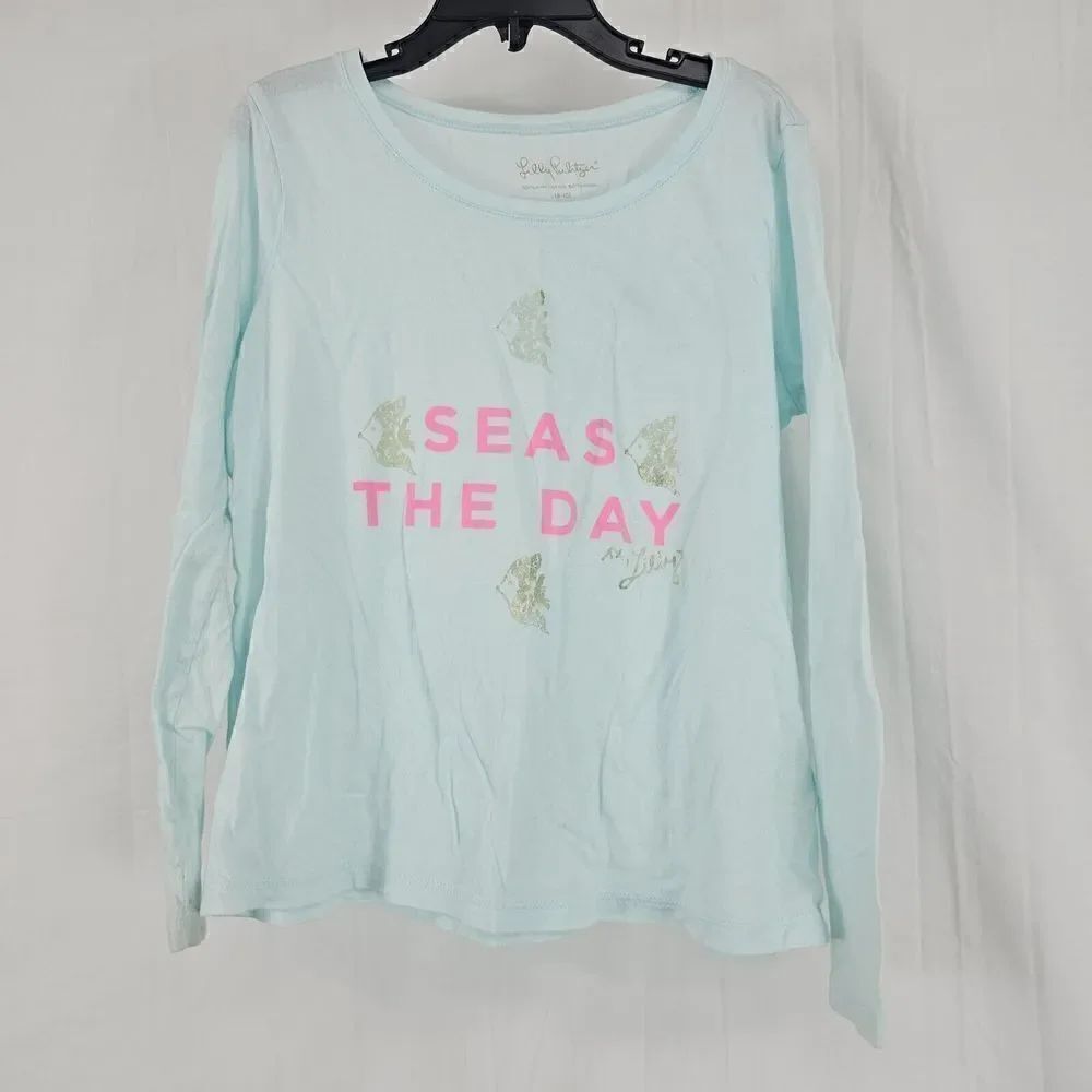 Lilly Pulitzer Girls Seas The Day GraphicโT-Shirt Blue Long Sleeve PulloverโL